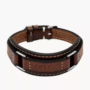 Machine Rugged Stainless Steel and Brown Padded Leather Strap Bracelet